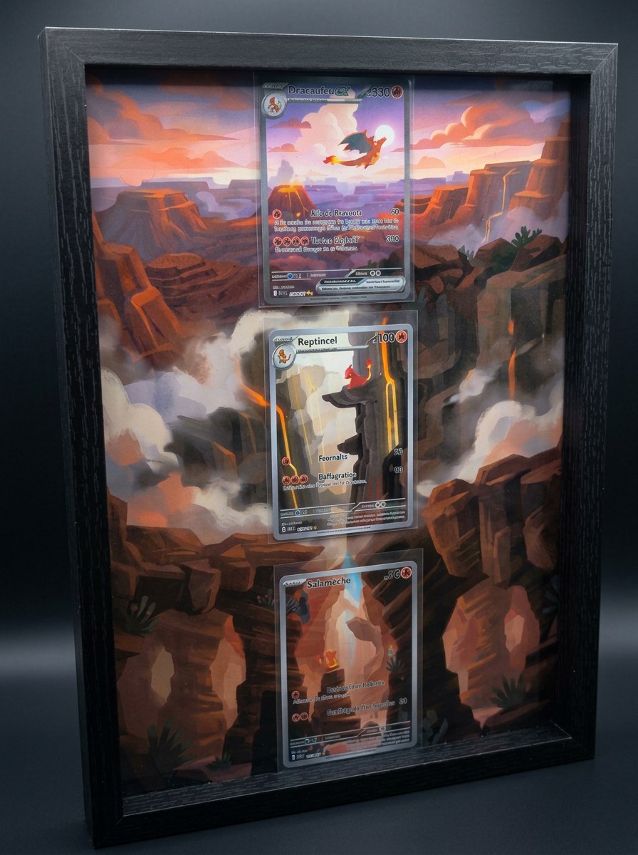 Cadre immersif A4 · 21 × 29,7 cm — Trio Dracaufeu